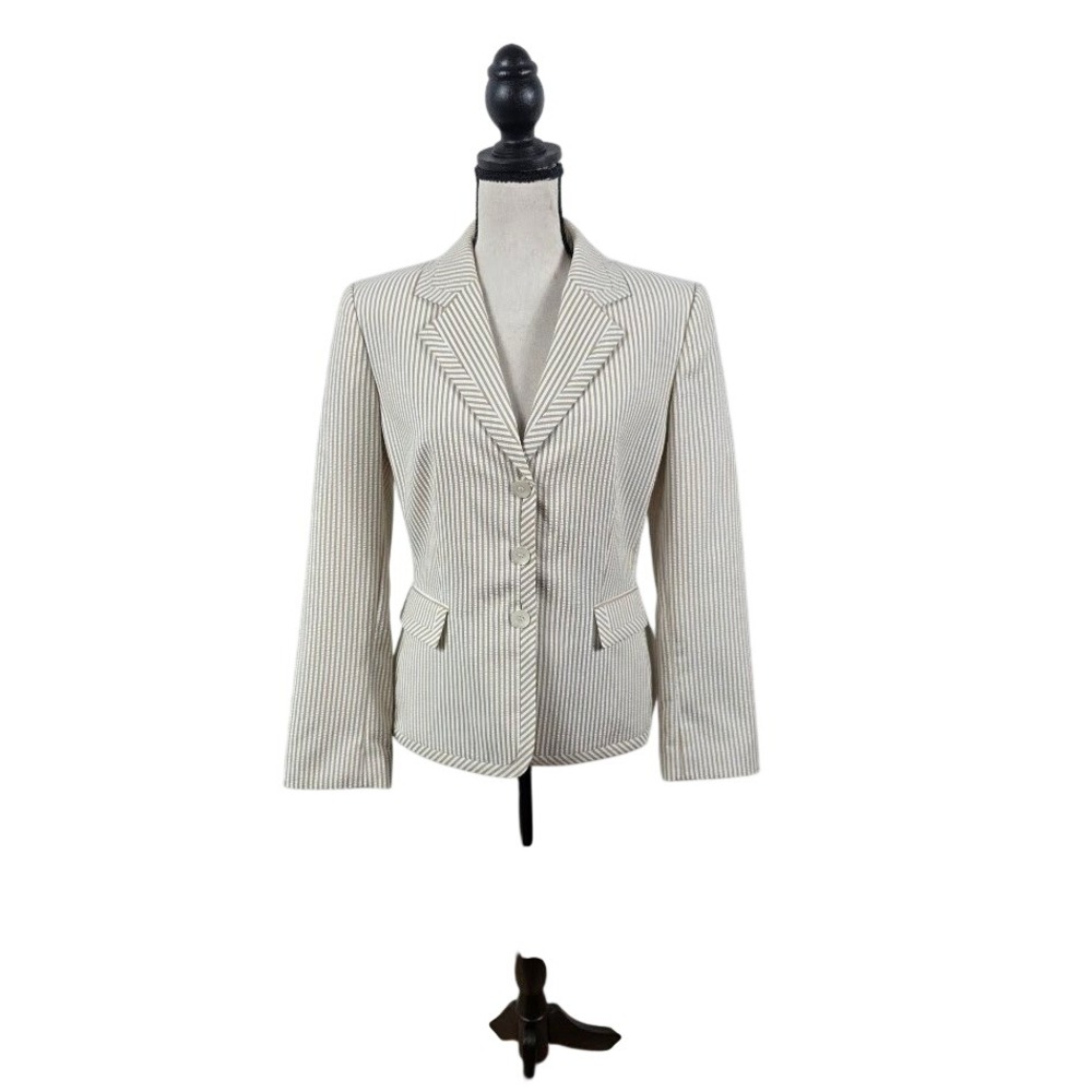 Tahari‎ Arthur S Levine Blazer Womens 10 Tan White Striped Seersucker Jacket